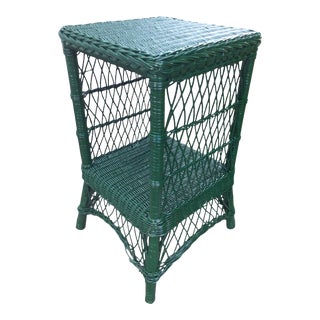 Vintage Wicker Side Table With Shelf - Newly Lacquered in Cottage Green For Sale