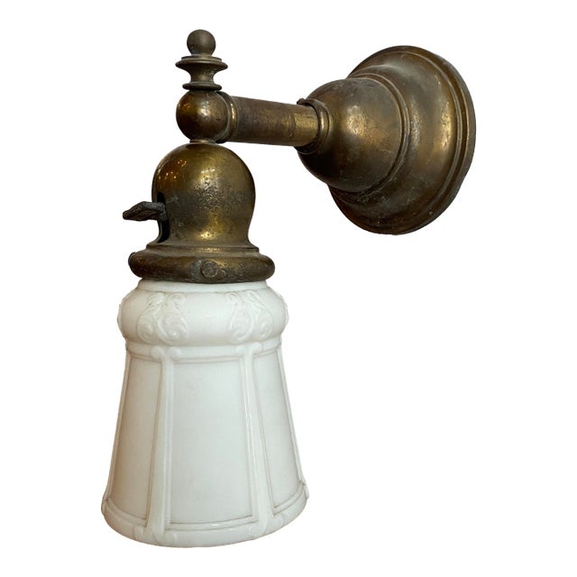 Antique Industrial Brass Wall Sconce With Frosted Glass Shade For Sale