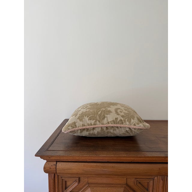 Elegant English vintage accent pillow featuring a beautifully textured floral cut velvet pattern in soft neutral tones....