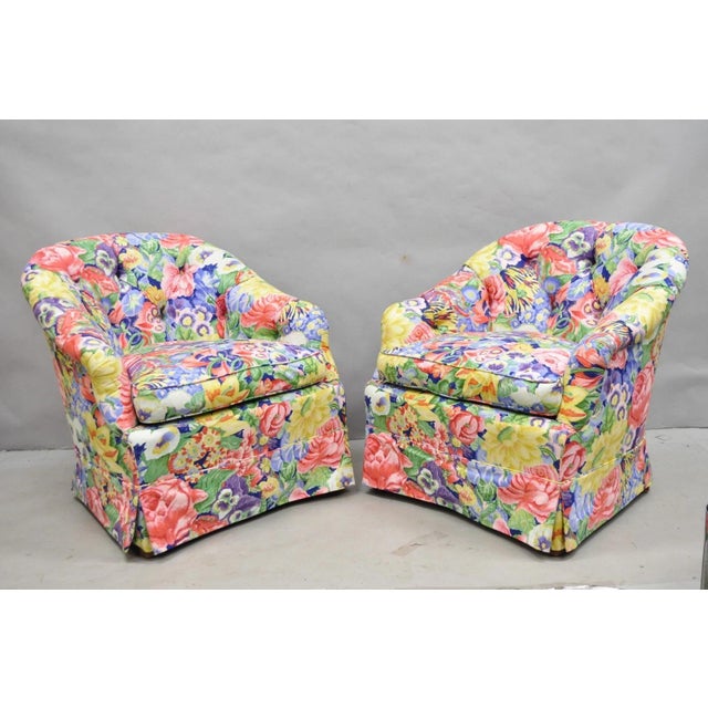 Vintage English Regency Floral Chintz Tufted Rolled Arm Club Lounge Chair - Pair For Sale - Image 12 of 12