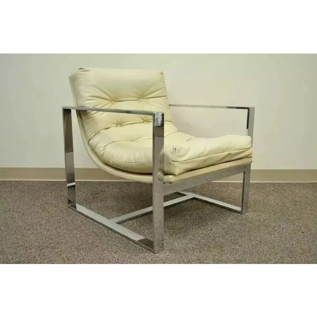 Mid Century Modern Milo Baughman Style Chrome Flat Bar Scoop Lounge Club Chair. Item features a nice wide stature,...