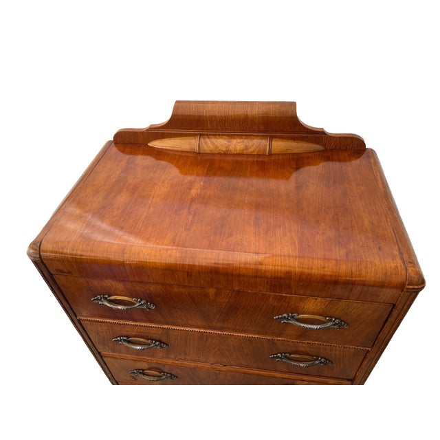 Wood 1920s Gorgeous Art Deco Dresser Chest, Rare Five Drawers, Bakelite and Brass Pulls, Waterfall Top For Sale - Image 7 of 11