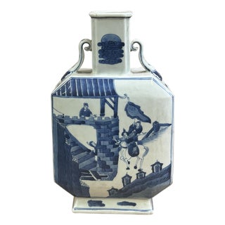 Chinese Blue White Porcelain Hexagonal Figural Graphic Art Vase For Sale
