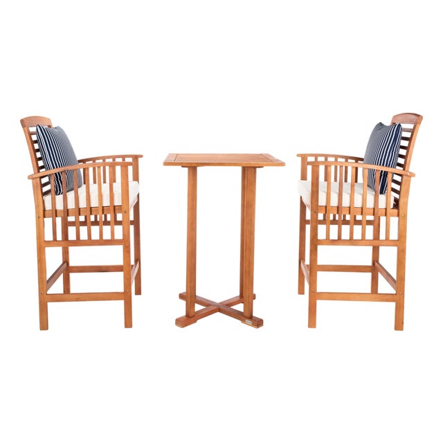 Pate 3-Piece Bar Height Bistro Set, Natural/Beige Cushion /Navy Stripe Pillow For Sale