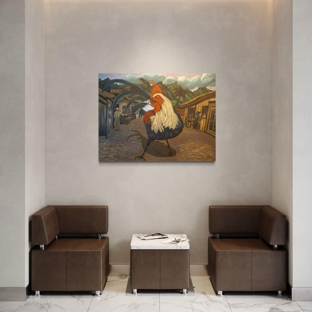 Textile Marc Zimmerman "Make My Day" Oil Painting, Oversized Rooster in Village Street, Bold Scale, Cubist Architecture, Contemporary Art West Coast For Sale - Image 7 of 8