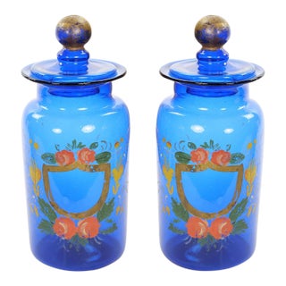 Mid-20th Century Italian Gilt and Hand-Painted Cobalt Blue Glass Apothecary Jars For Sale