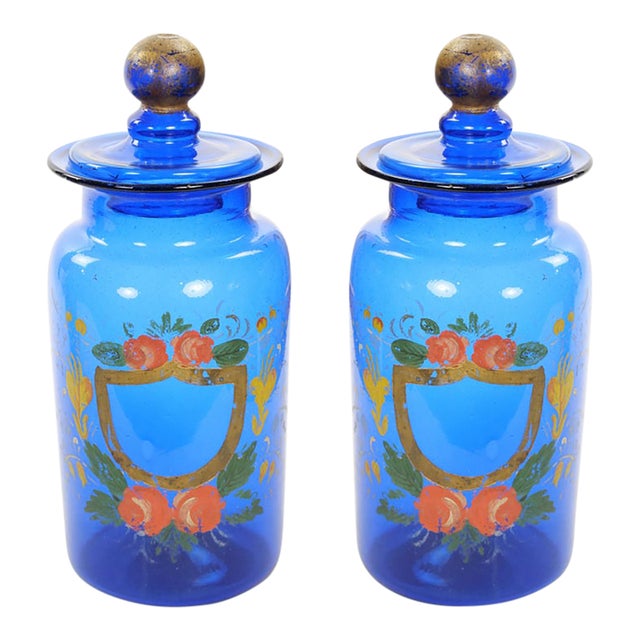 Mid-20th Century Italian Gilt and Hand-Painted Cobalt Blue Glass Apothecary Jars For Sale