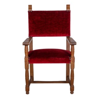 Vintage Burgundy Oak Armchair, 1920s For Sale