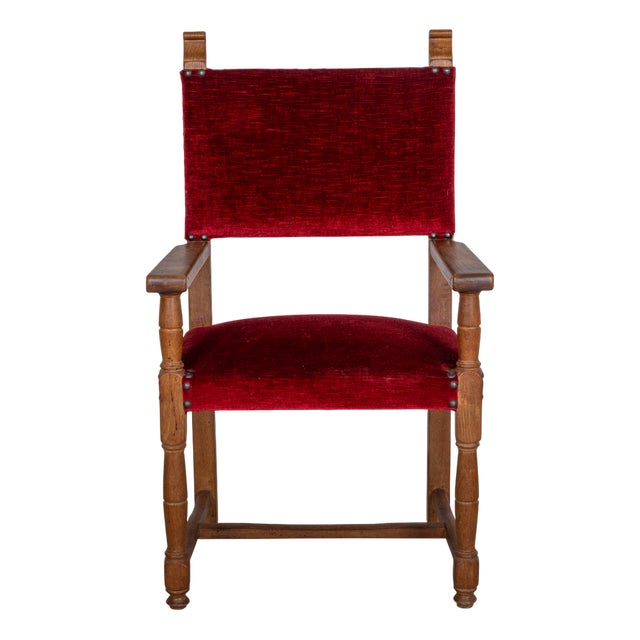 Vintage Burgundy Oak Armchair, 1920s For Sale