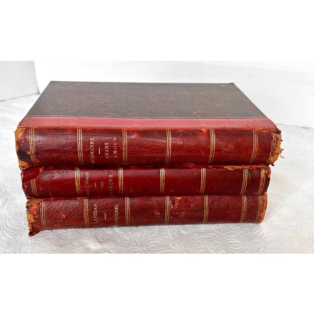 French Antique French Red Leather Bound Books - Set of 3 For Sale - Image 3 of 12