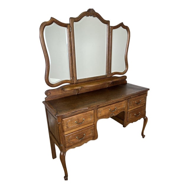Vintage French Oak Dressing Table with Mirror For Sale