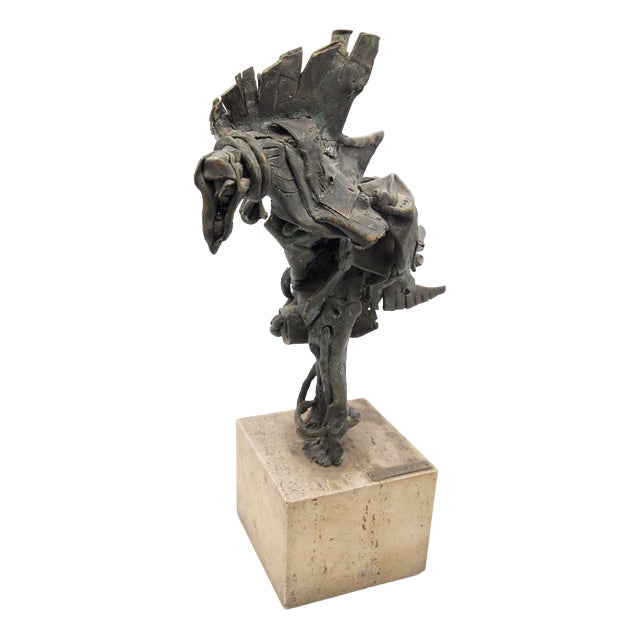 Brutalist Bronze Mythological Bird Sculpture in Travertine, 1950s For Sale