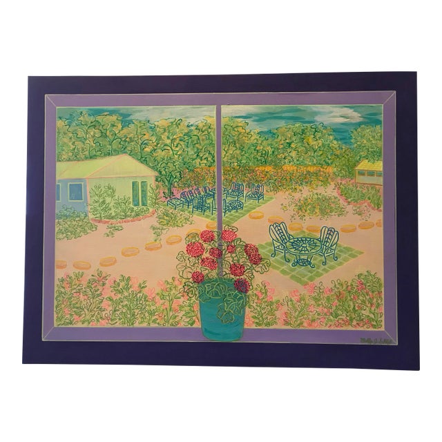 1990s Interiors Landscape Garden Party Molly J. Schiff Botanical Painting For Sale
