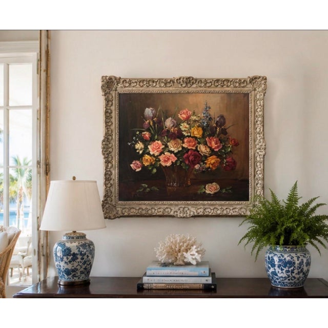 Vintage Continental Floral Still Life Oil Painting – Ornate Baroque Style Frame For Sale - Image 10 of 12