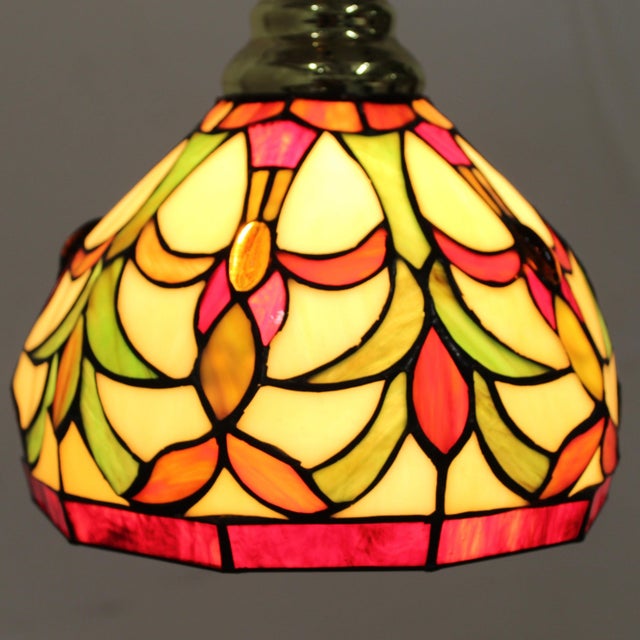 Vintage Tiffany Style Stained Glass Tulip Mini Pendant With Sloped Ceiling Adapter For Sale - Image 4 of 5