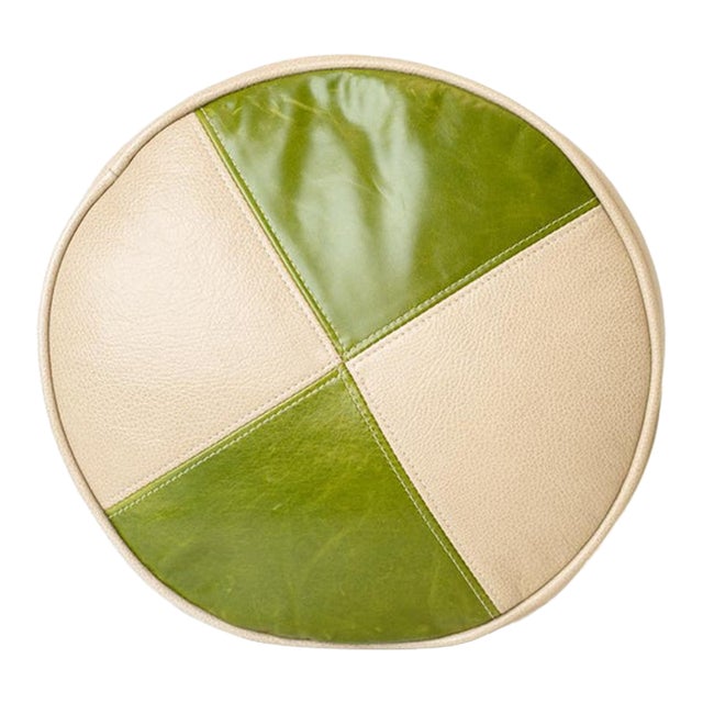 Modern Green and Cream Pinwheel Round Throw Pillow in Leather & Velvet For Sale