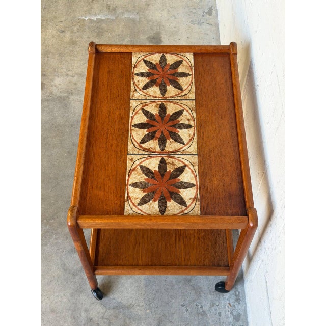 Wood Teak Tile-Top Rolling Bar Cart Danish Mid-Century Modern Tea Trolley 1960s For Sale - Image 7 of 11