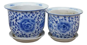 Early 20th Century 2 Chinese Chinoiserie Blue & White Lotus Flower Planters Cachepots Jardinières
