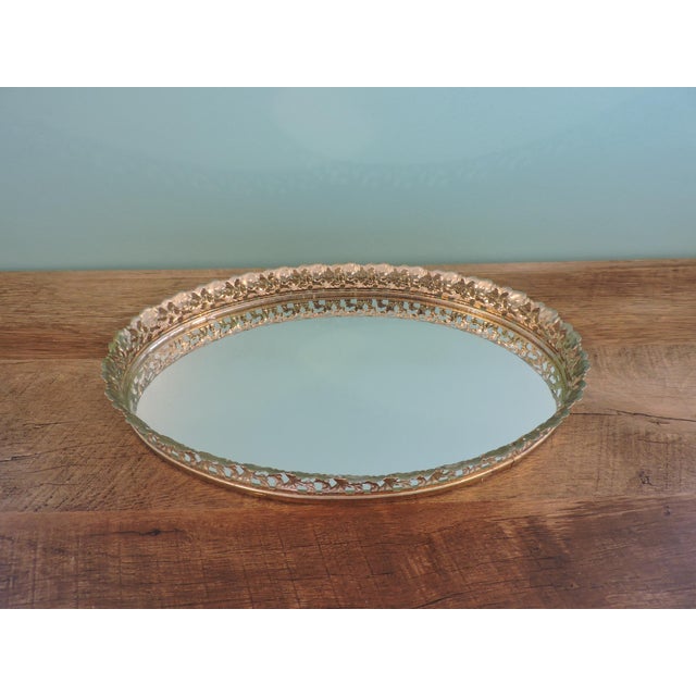 Mid-Century Modern Vintage Brass-Style Metal Filigree Large Oval Mirror Vanity Tray For Sale - Image 3 of 18