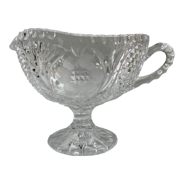 Vintage Clear Crystal Etched Floral Gravy Boat For Sale