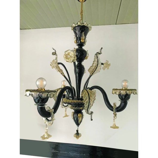 Metal Black and Gold Murano-Style Venetian Glass Chandelier With Floral and Leaf Details For Sale - Image 7 of 7