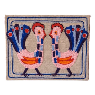Vintage Scandinavian Folk Art Yarn Painting on Raw Linen, 1950s For Sale