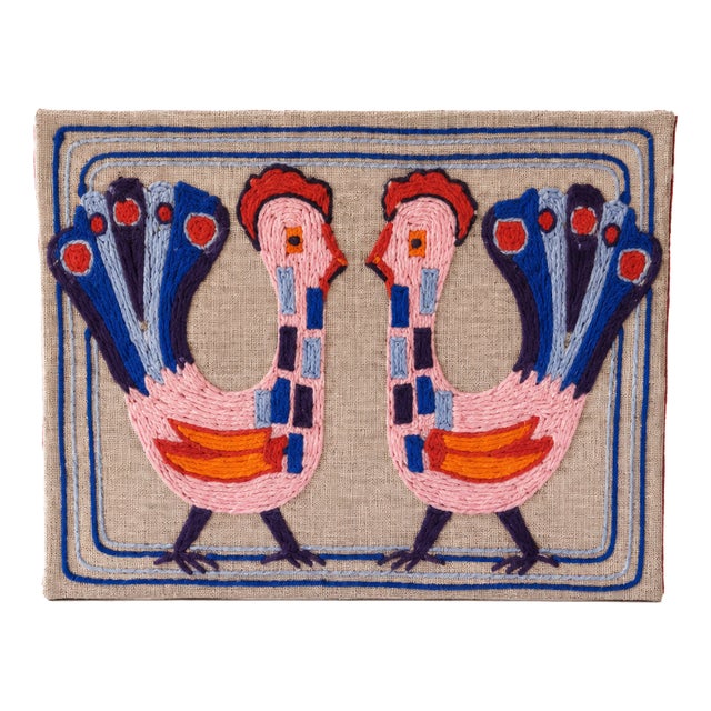 Vintage Scandinavian Folk Art Yarn Painting on Raw Linen, 1950s For Sale