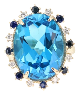 21.50 Carat Blue Topaz Diamond Yellow Gold Cocktail Ring