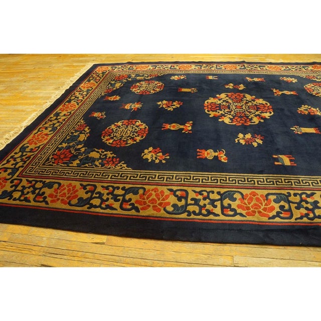Art Deco 1920s Navy Blue Antique Greek Key Medallion Chinese Peking Carpet Rug 10'x 13'6" For Sale - Image 3 of 9