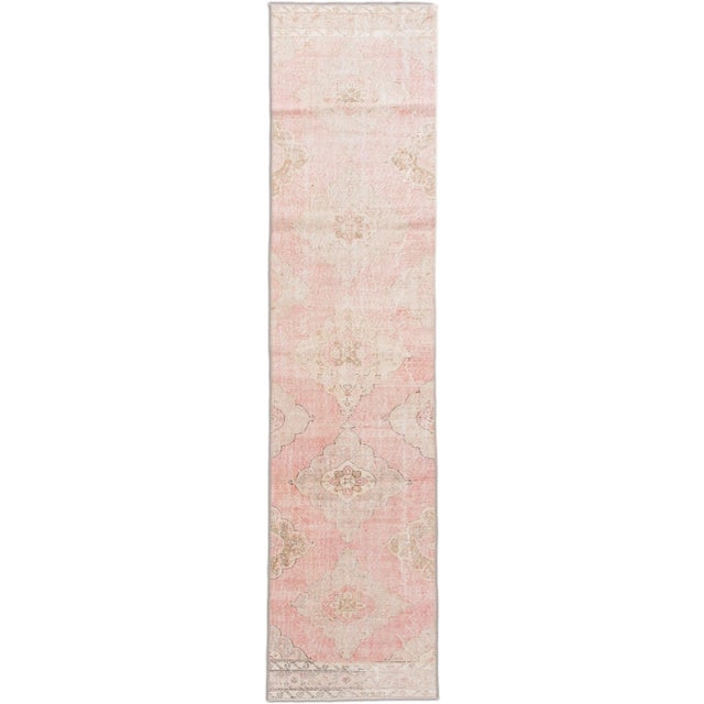 Vintage Turkish Pink and Beige Handmade Medallion Floral Wool Runner For Sale - Image 10 of 10