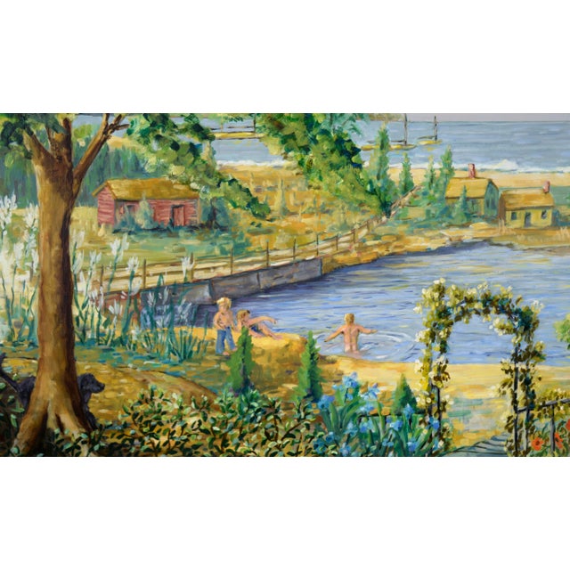 1990s "Harborside Bathers" Large Scale Landscape With Figures and Boats by Richard M. Bacon For Sale - Image 5 of 10