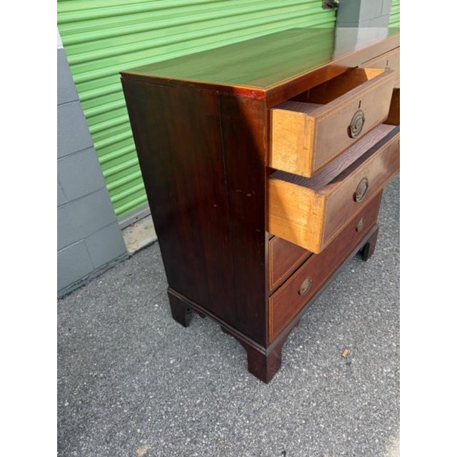 Wood English Antique Mahogany Five Chest of Drawer Satinwood Inlay on Bracket Feet. For Sale - Image 7 of 9