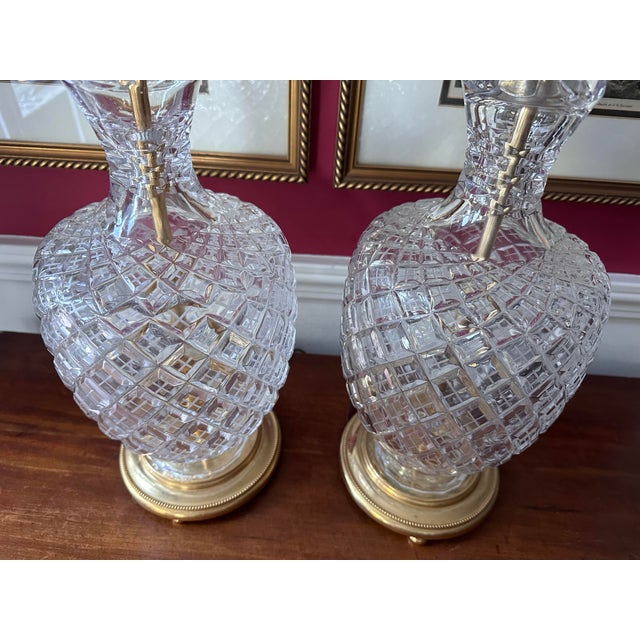 Elegant French Finely Cut Crystal Cyclades Pattern Table Lamps With Fancy Brass Bases - A Pair For Sale - Image 10 of 11