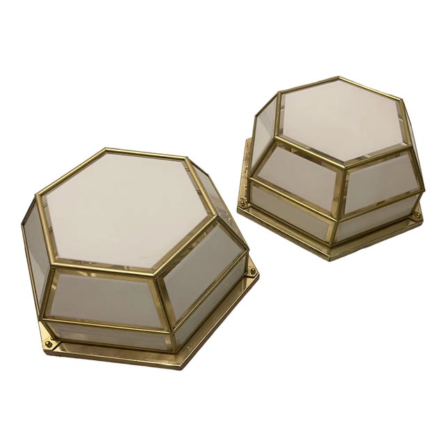 Hexagonal Brass Glass Sconces, 1980s, Set of 2 For Sale