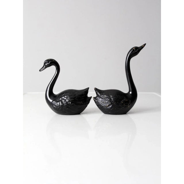 Metal Vintage Painted Brass Black Swans Pair For Sale - Image 7 of 10