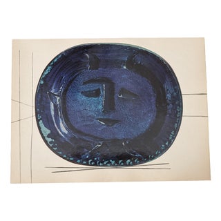 Print Depicting Pablo Picasso Vallauris Plate with Face in Blue from Albert Skira, Mid-20th Century For Sale
