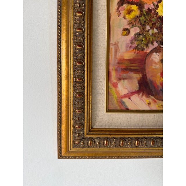 Orange 1980's Vintage Impressionist Floral Still Life Oil on Canvas Board Painting – Framed & Signed For Sale - Image 8 of 12