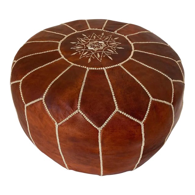 Moroccan Handcrafted Leather Brown Ottoman For Sale