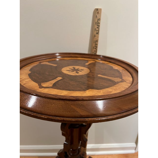 Victorian Victorian-Style Marquetry Pedestal Table, Often Referred to as a "Wine Table" or "Inlaid Occasional Table. For Sale - Image 3 of 8