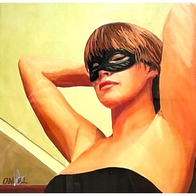 Vintage Masked Lady Oil Print in Black Frame For Sale - Image 11 of 14