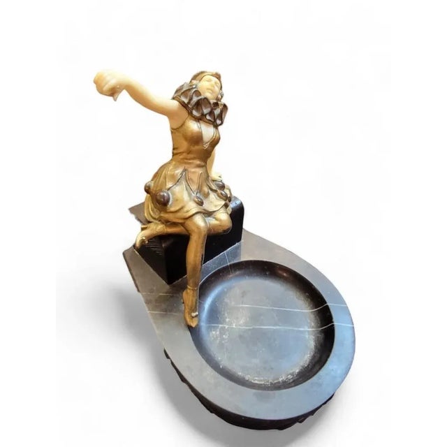 Antique French Art Deco Bronze Harlequin Posing on Marble Pedestal Ashtray For Sale - Image 4 of 10
