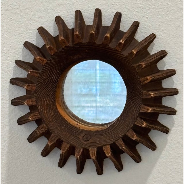 Brown Antique Petite Scale Wooden Cog Mirror / Rustic Petite Scale Sunburst Mirror - Early 20th Century (Attributed) For Sale - Image 8 of 16