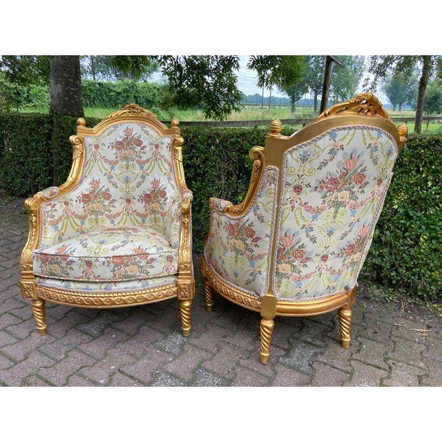 Wood Late20C French Artisan Louis XVI Gold Beech Bergère Pair For Sale - Image 7 of 13