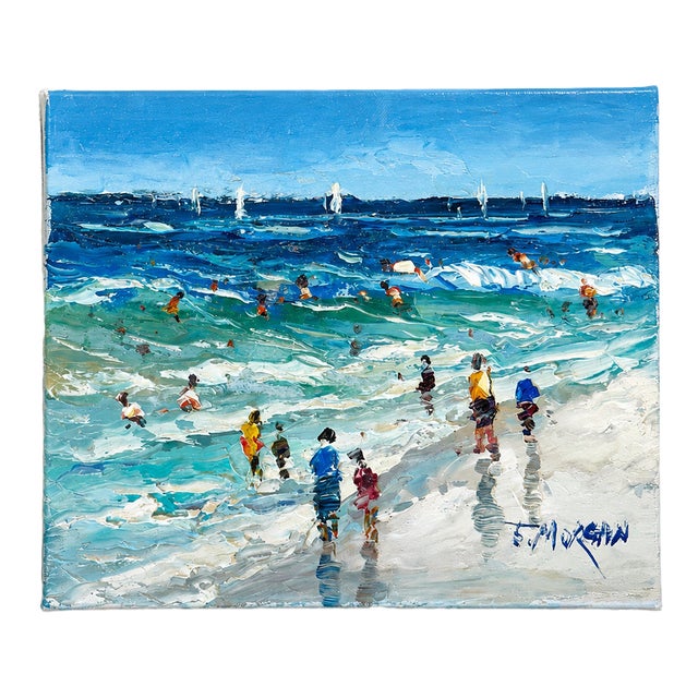 Coastal Beach Scene Original Oil Painting on Canvas, 14" X 11" Impressionist Seascape For Sale