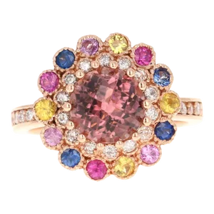 3.05 Carat Natural Tourmaline Sapphire Diamond Rose Gold Cocktail Ring Size 7