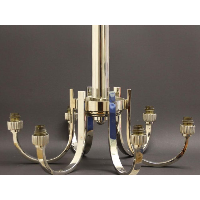 Metal Art Deco Ceiling Light with 6 Arms and Opaline Glass Tulip Shades from Petitot, 1930s For Sale - Image 7 of 18