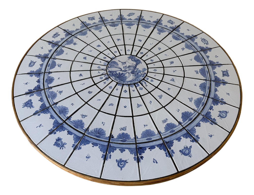 Important Bjørn Wiinblad Mid-Century Danish Modern Blue & White Ceramic Tile Top Round Coffee Table