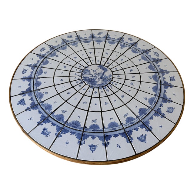 Important Bjørn Wiinblad Mid-Century Danish Modern Blue & White Ceramic Tile Top Round Coffee Table For Sale
