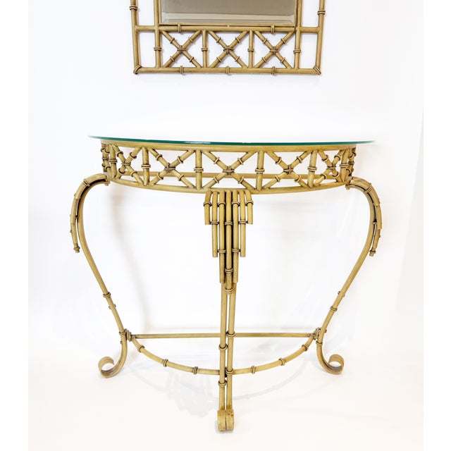Wood Hollywood Regency Metal Faux Bamboo Demilune Console Table and Mirror - Set of 2 For Sale - Image 7 of 13