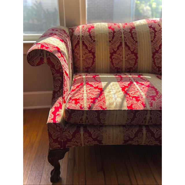 Late 20th Century Chippendale-Style Camelback Sofa in Red & Gold Striped Damask With Claw-and-Ball Feet For Sale - Image 5 of 10